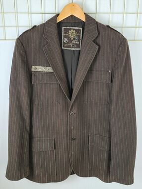Marc Ecko Cut & Sew Y2K Brown Striped Military Graphic Blazer Sport Coat